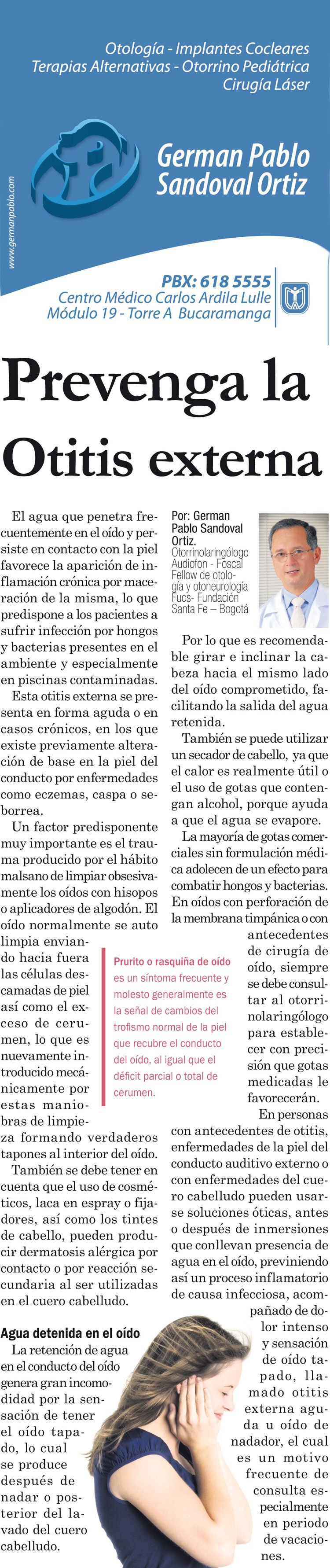 Prevenga la Otitis Externa - Dr. Germ�n Pablo Sandoval. - DE CLIC PARA AUMENTAR EL TAMA�O DEL ARTICULO